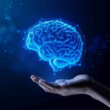 Hand Holding Human Brain - Futuristic Concept of Intelligence, science and mind AI