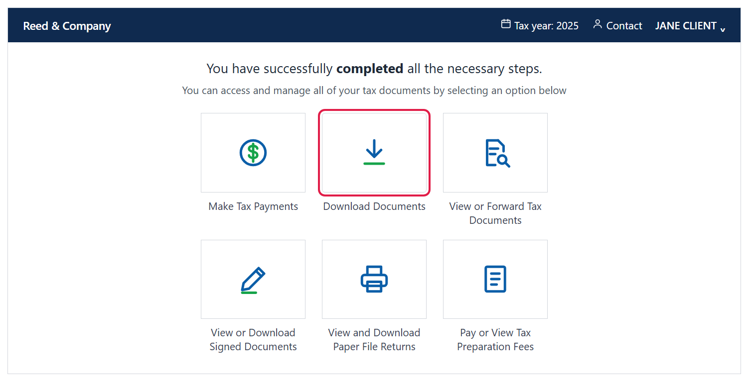 Completed dashboard with tiles for Make Tax Payments, Download Documents (outlined in red), View or Forward Tax Documents, signed documents, paper file returns and preparation fees