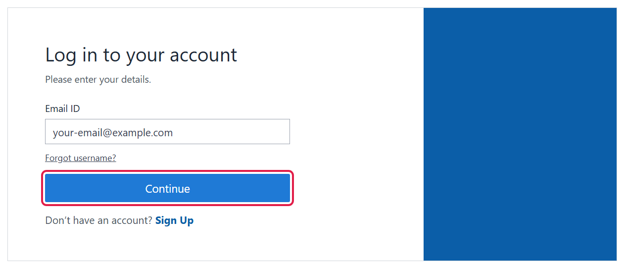 The Log in to your account screen with the Email ID box and the Continue button outlined in red