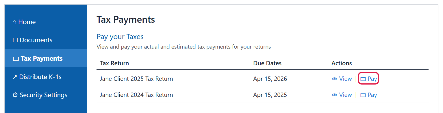 The Tax Payments page listing tax returns with due dates and View and Pay links, with Pay outlined in red