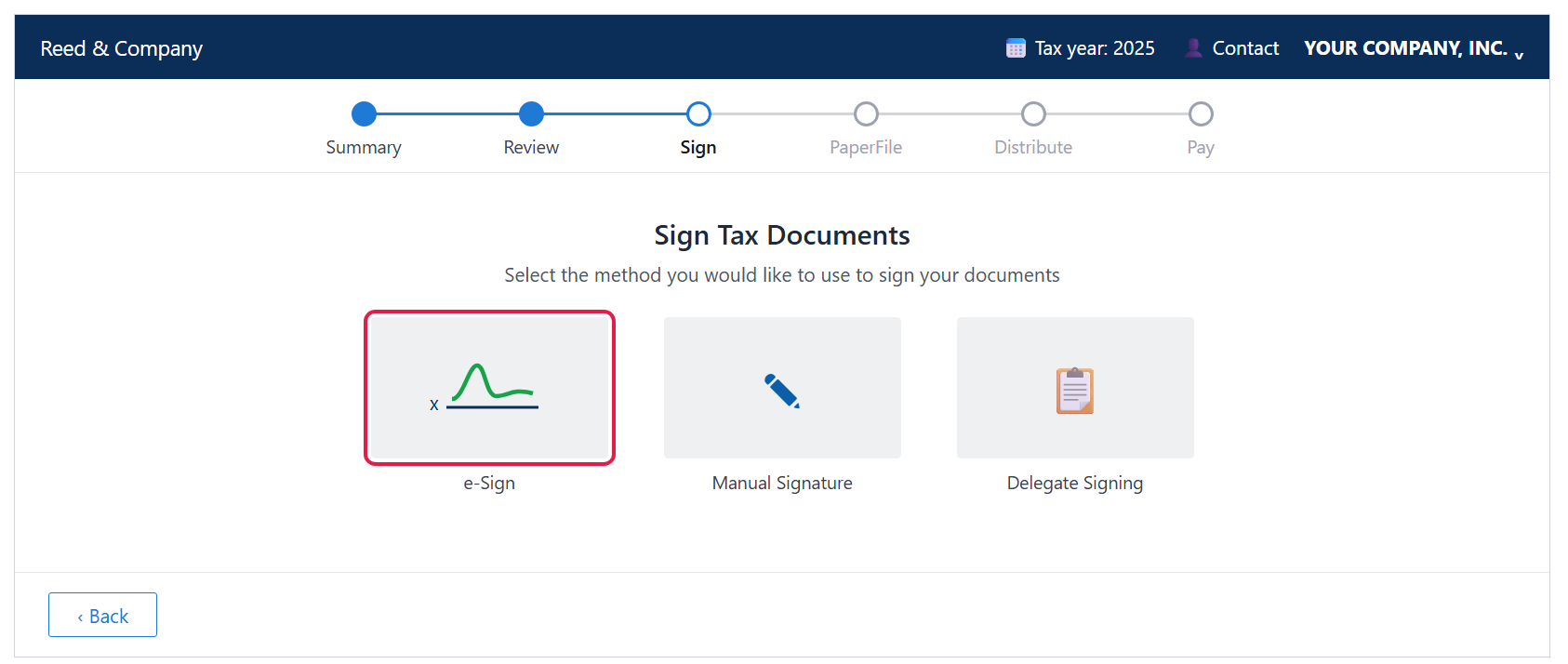 Sign Tax Documents screen with the e-Sign option circled, next to Manual Signature and Delegate Signing