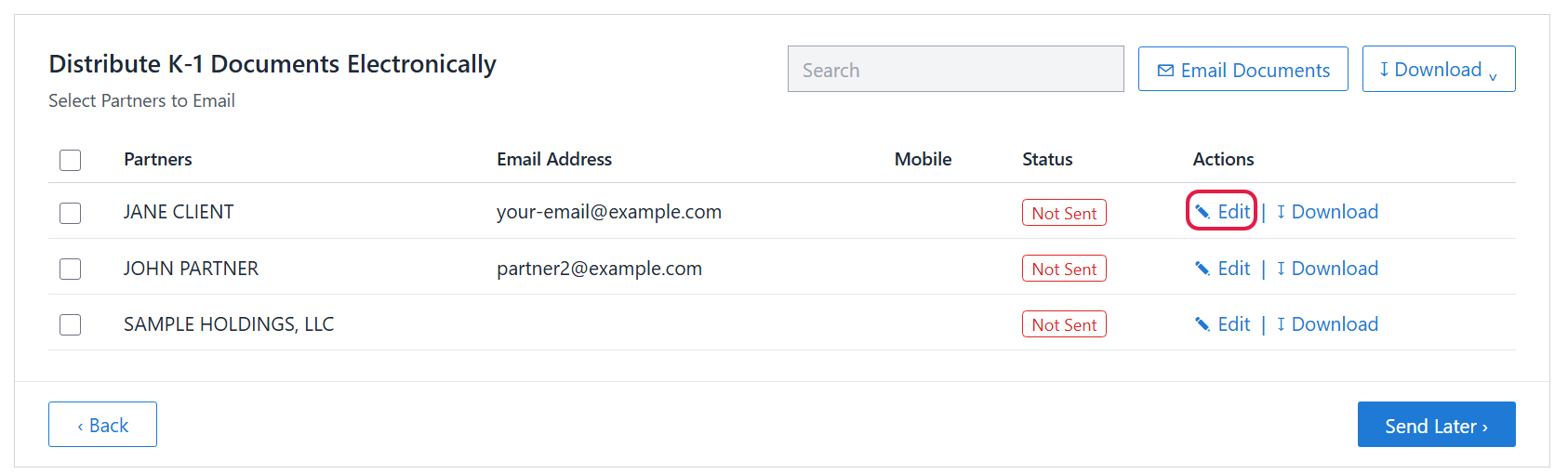 Distribute K-1 Documents Electronically list of partners, each marked Not Sent, with the Edit link circled