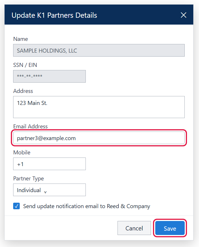 Update K1 Partners Details window with the Email Address field and the Save button circled
