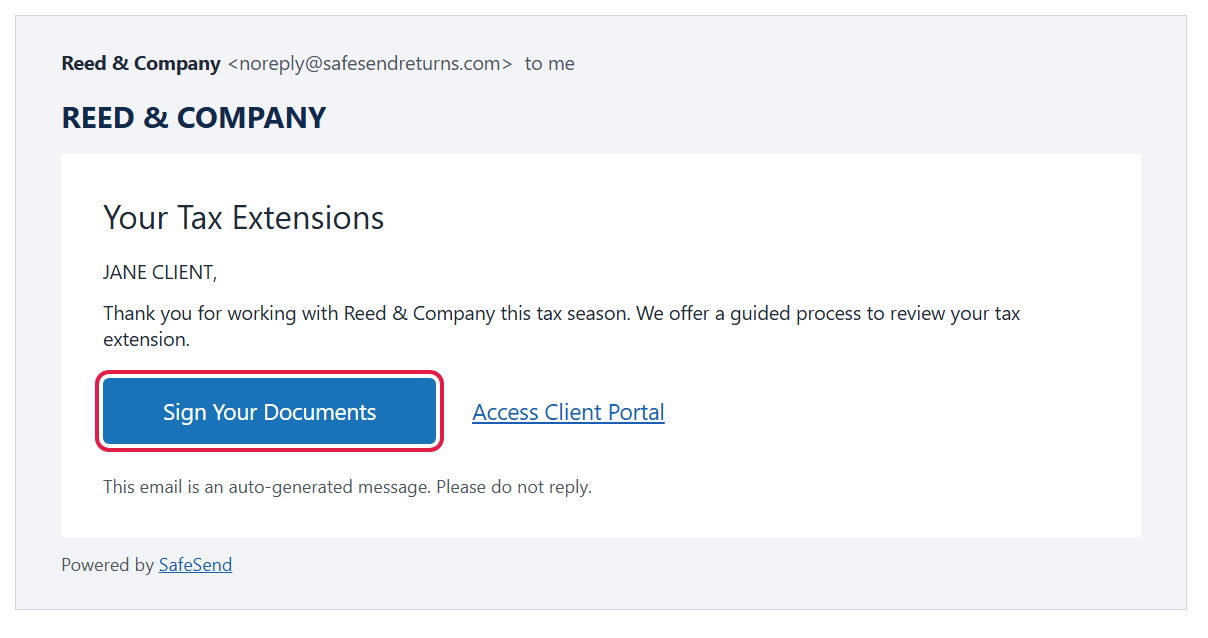 Extension email from Reed & Company with the Sign Your Documents button circled