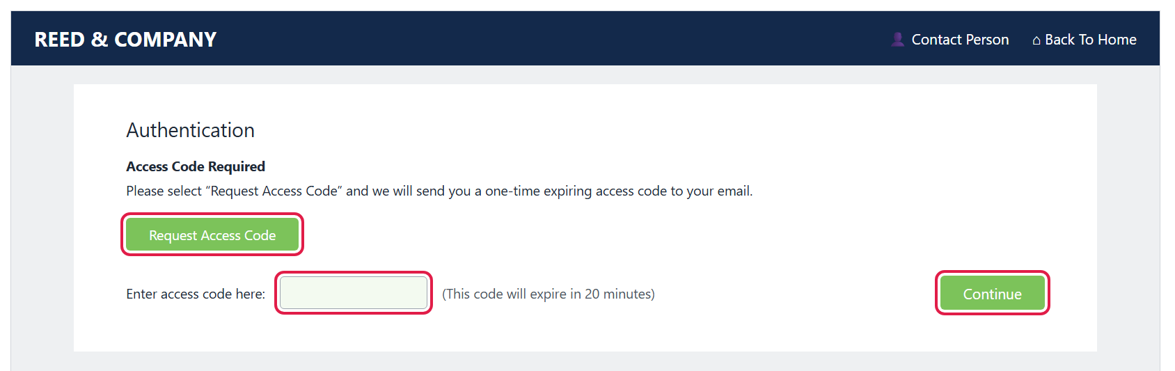 Authentication screen with the Request Access Code button, access code box and Continue button circled
