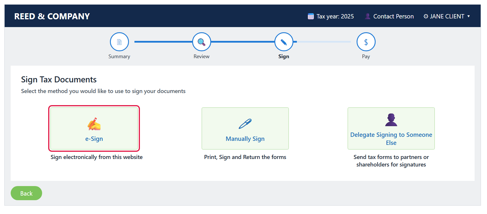 Sign Tax Documents page with the e-Sign option circled