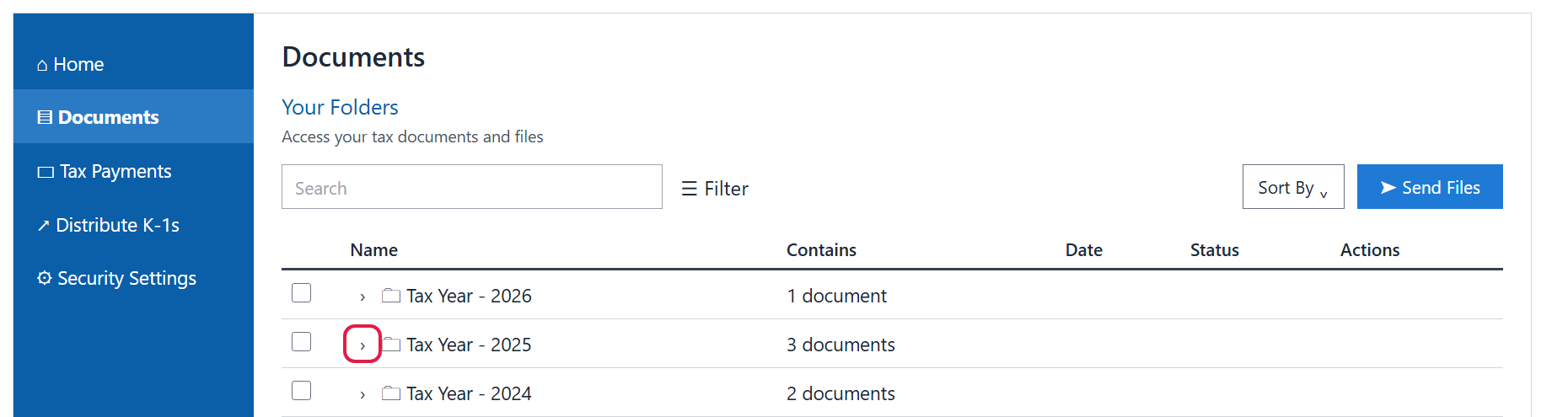 Documents page in the Client Portal showing folders for each tax year, with the arrow next to Tax Year 2025 highlighted