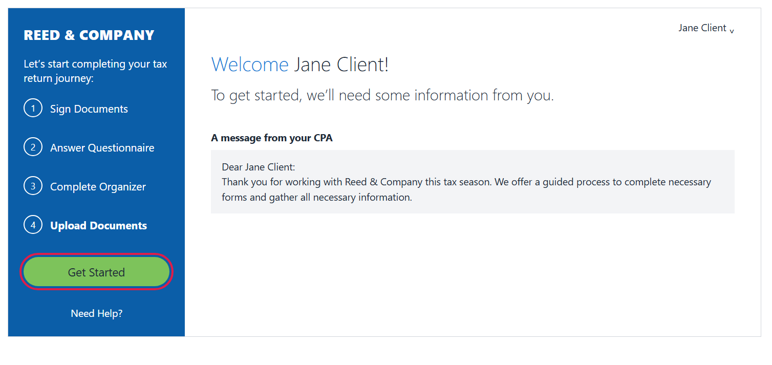 Welcome page with the list of steps in the left panel and the Get Started button circled