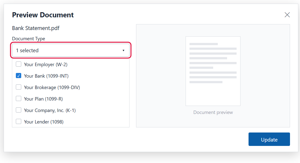 Preview Document window with the Document Type drop-down circled and the Update button