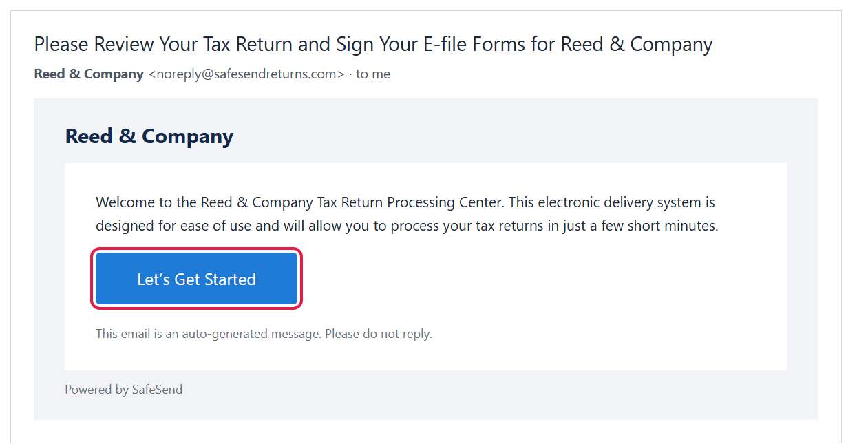 Email from Reed & Company with the Let&rsquo;s Get Started button outlined