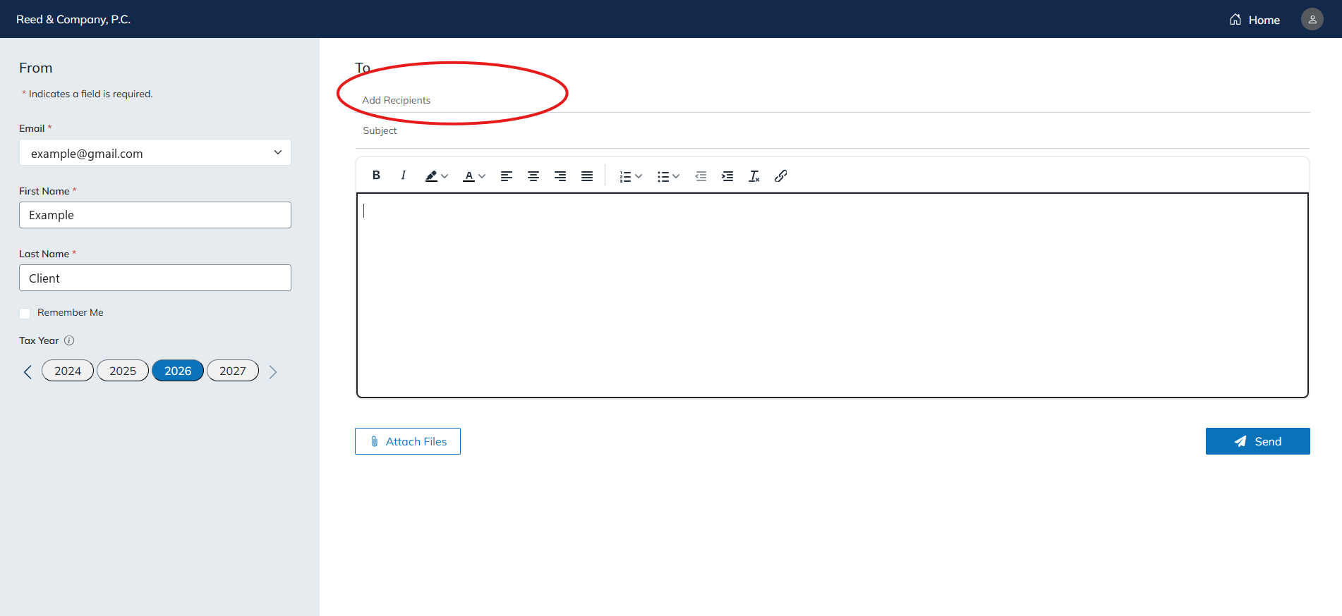 Send Files screen with the Add Recipients field highlighted