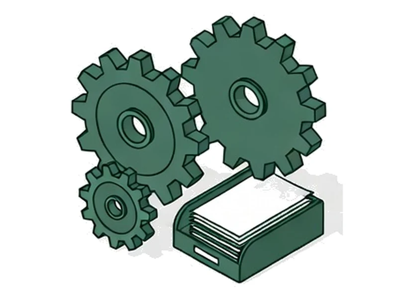 Interlocking gears turning a stacked paper filing tray
