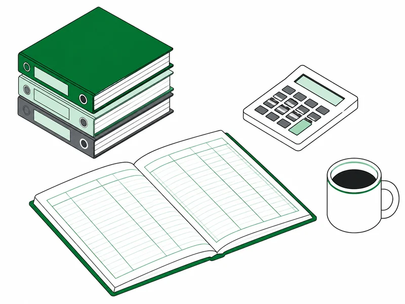 An open ledger, a calculator, a stack of folders and a coffee cup on a desk