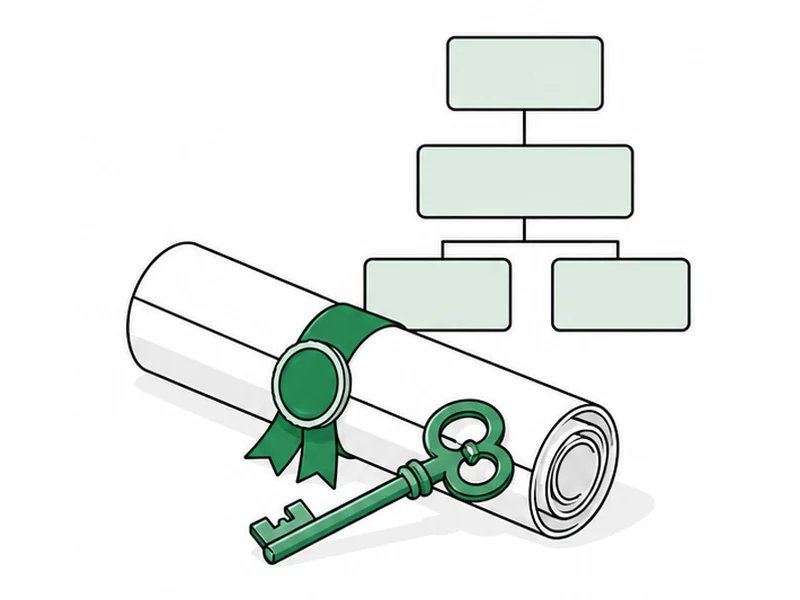 A ribboned scroll with a key across it and a three-tier diagram of plain boxes behind