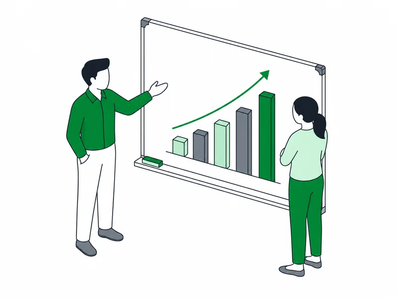Two people at a whiteboard reviewing a rising bar chart