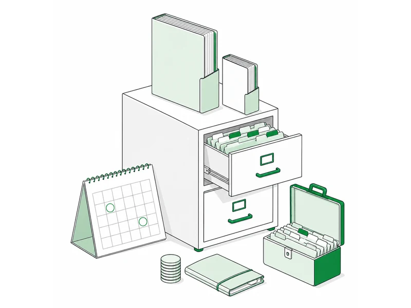 A filing cabinet with a drawer of tabbed folders, two document sets standing on top, and a calendar with two dates circled