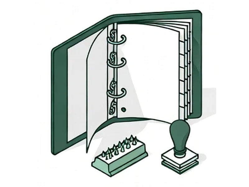 An open ring binder with tabbed dividers, a rubber stamp and a receipt spike