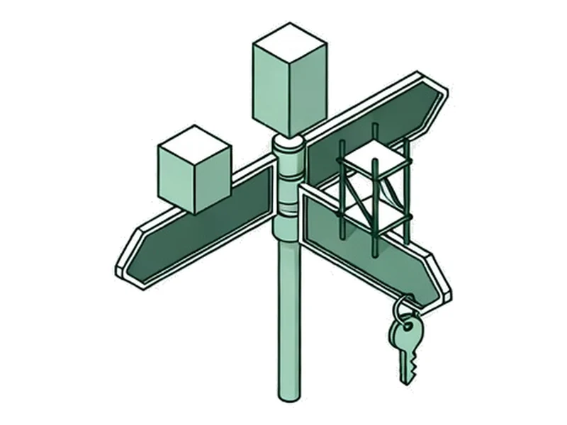 A three-way signpost, one arm ending in a finished building, one in scaffolding, one in a key
