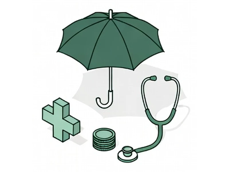 An open umbrella over a first aid cross, a stethoscope and a stack of coins