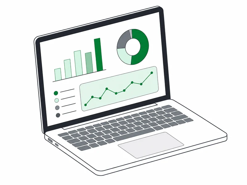 A laptop showing a dashboard of charts and figures