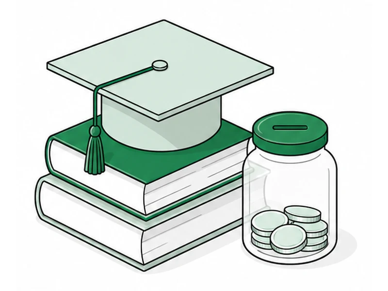 A graduation cap on a stack of books beside a lidded savings jar