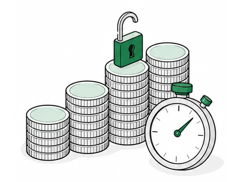 Rising steps of stacked coins with an open padlock on one step and a stopwatch