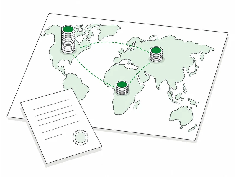 A world map with stacks of coins on three continents linked by dashed lines, and a sealed document at one corner