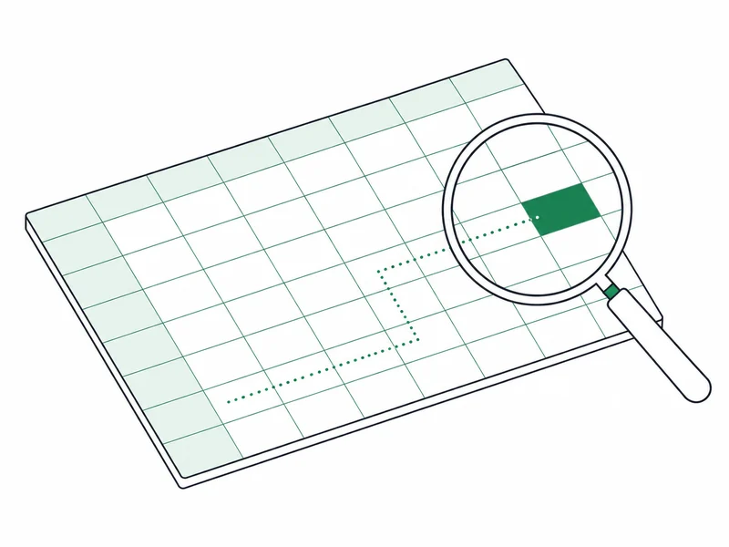 A magnifying glass over a spreadsheet, one cell highlighted at the end of a dotted trail