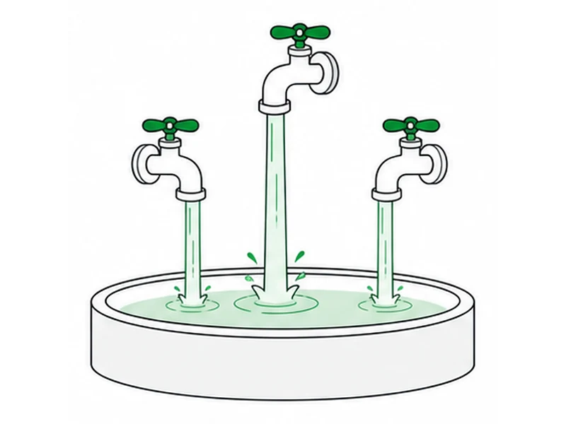 Three taps at different heights pouring into one basin