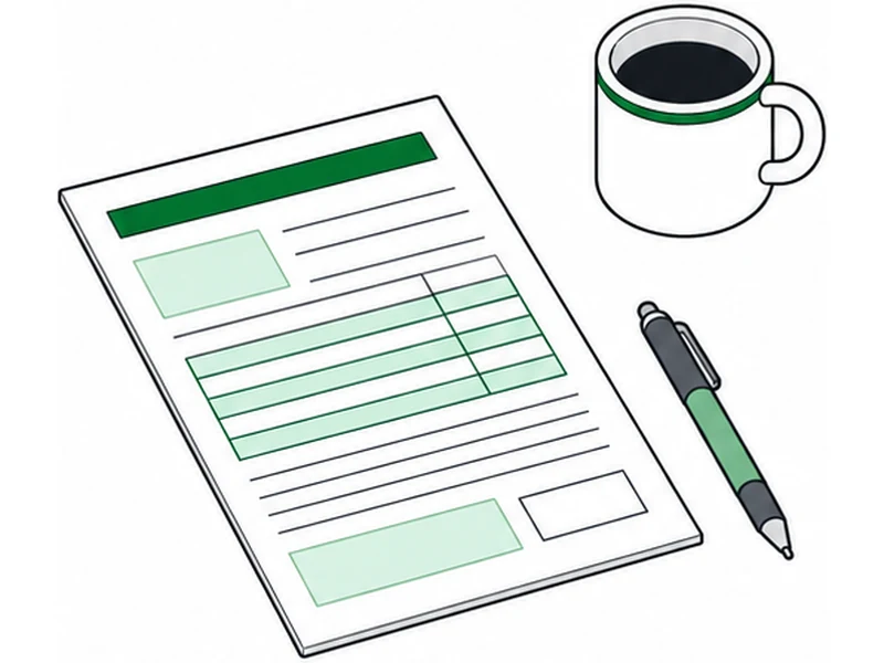 A tax return, a pen and a cup of coffee on a desk