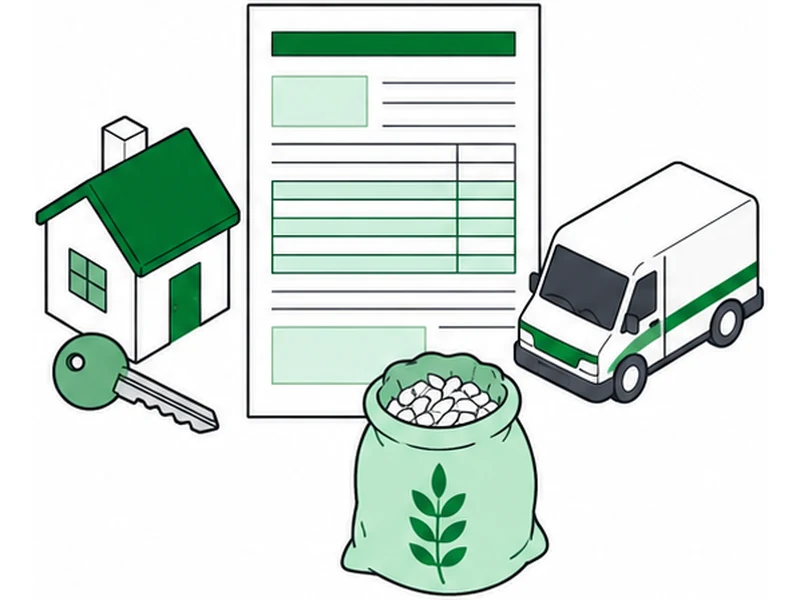 A house and key, a return, a delivery van and a sack of grain