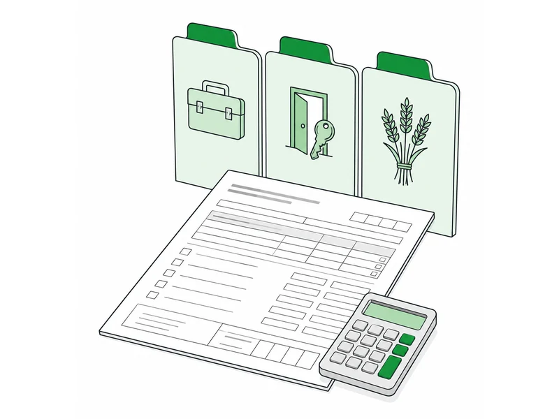 A return and calculator in front of three tabbed dividers marked with a toolbox, a doorway and a wheat sheaf