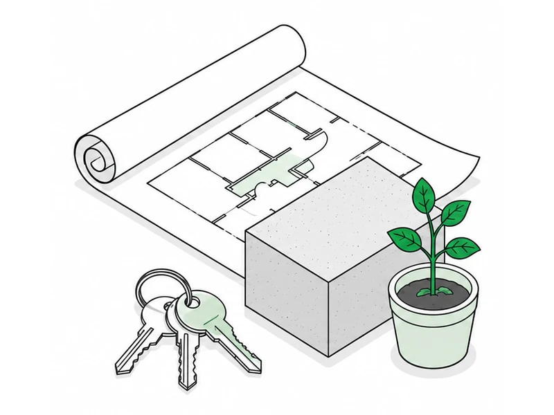 A part-unrolled blueprint, a cornerstone block, a ring of keys and a potted seedling