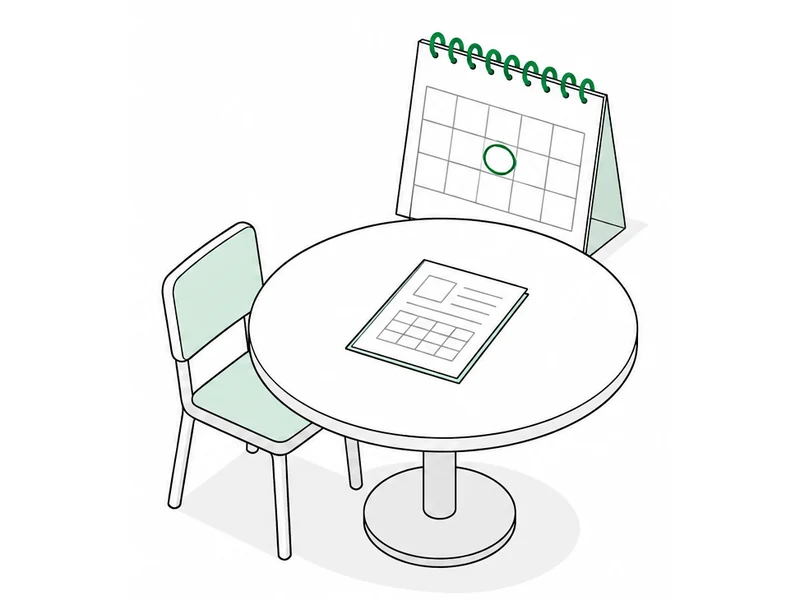 A round table with one chair and a document, and a calendar with one date circled