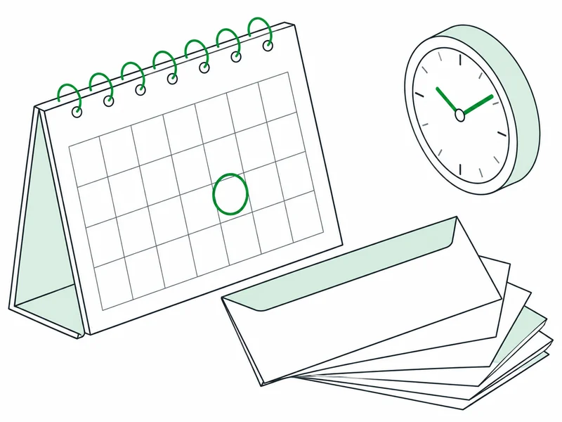 A desk calendar with one date circled, a clock, and a fanned stack of pay envelopes