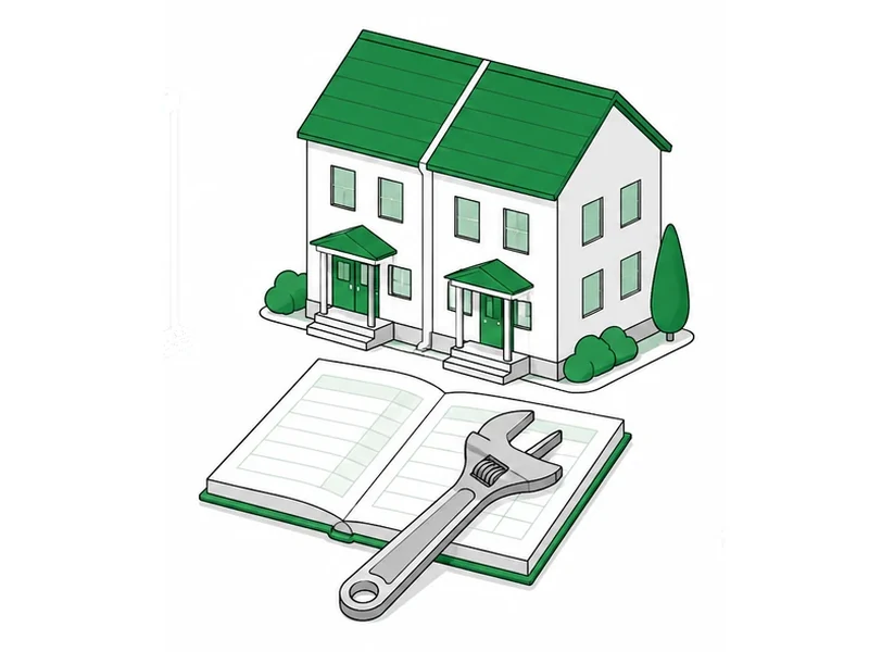 A duplex with an open ledger and a wrench resting across it