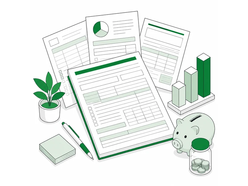 A return with further schedules fanned behind it, a piggy bank, a savings jar and a rising bar chart