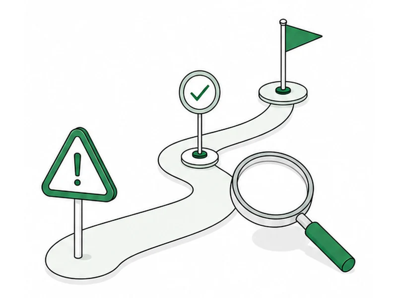 A winding path with a warning sign beside it, a checkpoint part way along, a flag at the end, and a magnifying glass