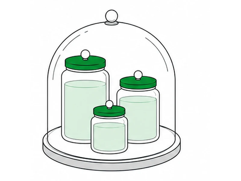 Three lidded jars standing together under a protective dome