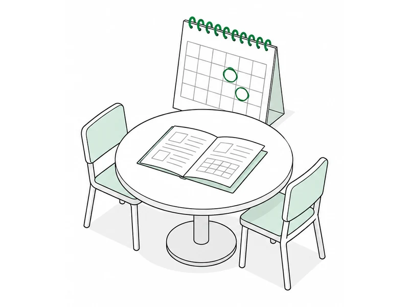 A round table with two chairs and an open document, and a calendar with two dates circled